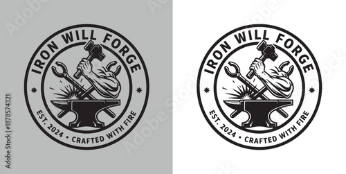 Vintage Blacksmith Forge Emblem with Anvil and Muscular Arm