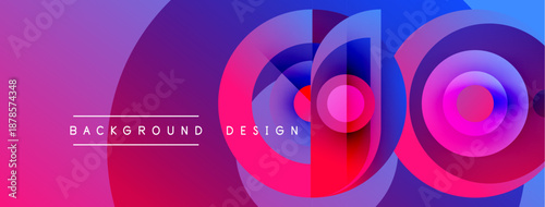 Abstract vibrant background. Overlapping circles create dynamic visual effect. Pink, purple, blue hues dominate composition. Modern design element.