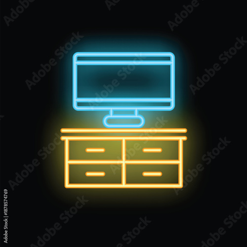 Neon tv standing on chest of drawers icon illustrating home appliances, electronics store, interior design in blue and yellow colors