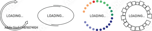 Collection of progress loading bars, website buffering icons, circular status indicators and data processing vector graphics for user interface.