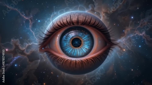 4K Cosmic Eye Video: Glowing Blue Circuit Iris in Space - Sci-Fi, Omniscience & Cosmic Consciousness