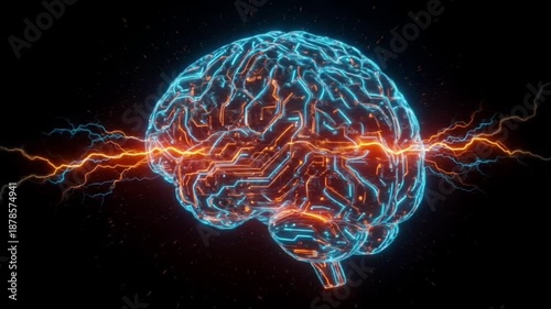 4K Futuristic Brain Video: Glowing Neon AI Circuitry with Electric Sparks - Neural Network Concept