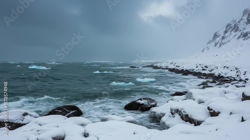 4K Arctic Coastline Video: Crashing Waves on Snowy Rocks & Turquoise Icebergs - Raw Nature Power