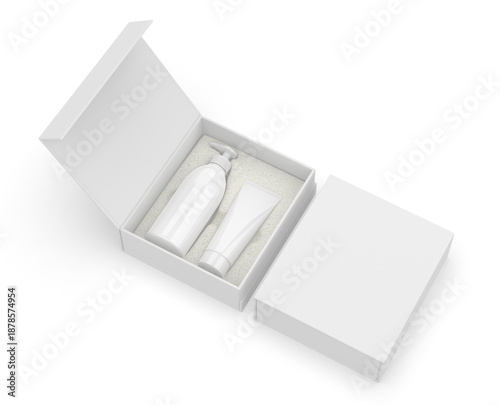 Cuadro en lienzo Eco-friendly cosmetic packaging with blank skincare bottles placed in biodegradable mushroom mesh tray and seaweed-based protective insert, presented in a minimal white box