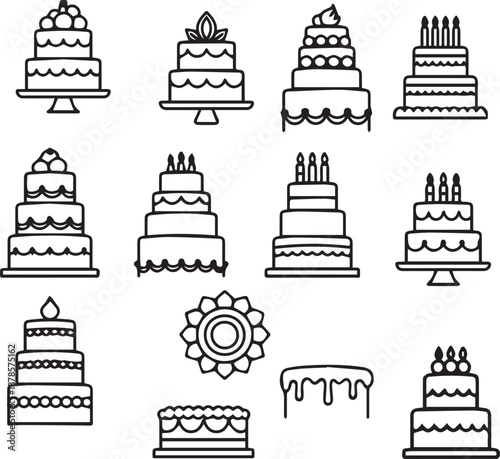 Wedding and Birthday Cake Line Art Icon Set