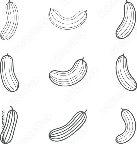 Nine black and cucumbers in various shapes and orientations clean