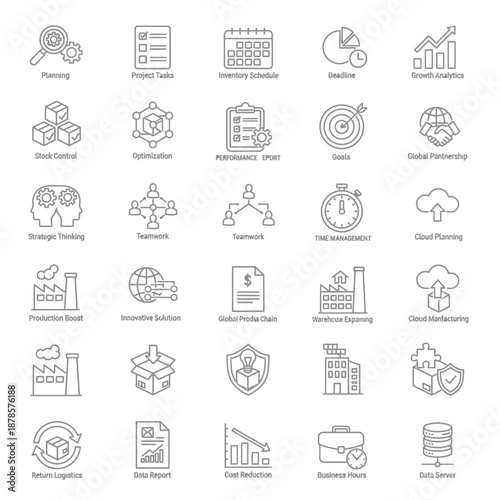 A comprehensive collection of line art icons representing various aspects of business management, logistics, production, planning, and strategic operations.