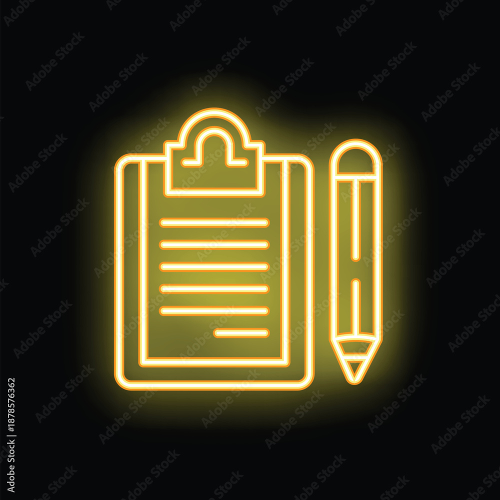 Fototapeta premium Neon icon of a yellow clipboard and pencil glowing on a black background
