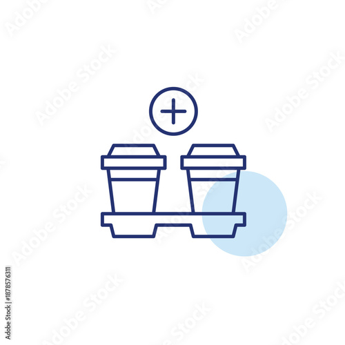 Two takeaway cups in a holder and plus symbol. Adding drinks to your order. Pixel perfect, editable stroke vector icon