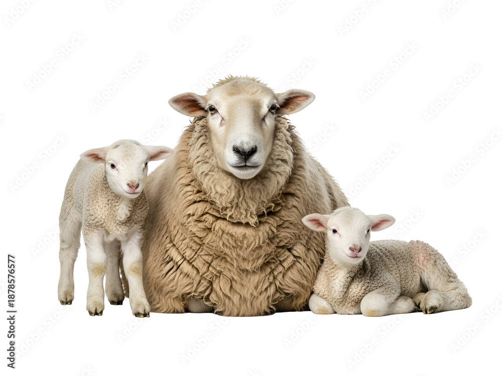 Fototapeta premium Cute mother sheep with her two adorable baby lambs, one standing and one lying, illustrating a tender farm animal family moment with cream wool, isolated on transparent background.