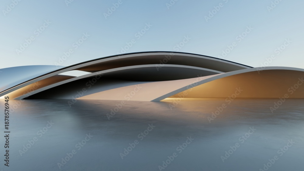 Fototapeta premium Abstract curved architecture background, Exterior space with empty concrete floor, Futuristic modern building for car presentation backdrop, 3d rendering