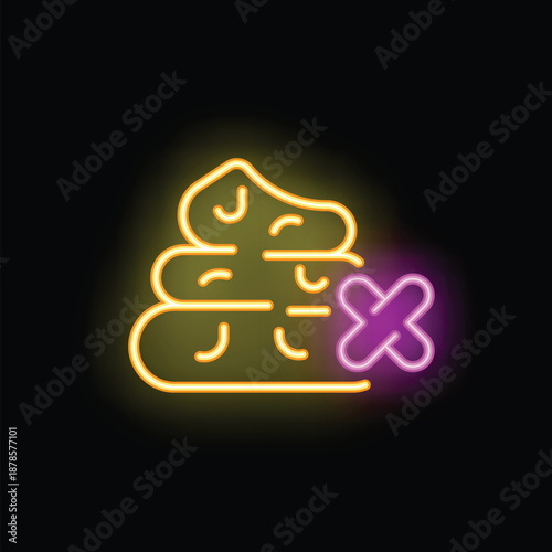 Neon sign illuminating a pile of poop with a red cross over it, representing a warning or prohibition related to feces