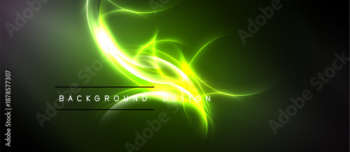 Bright green energy flows, swirling shapes. Dark background emphasizes luminous design elements. Text reads background design.