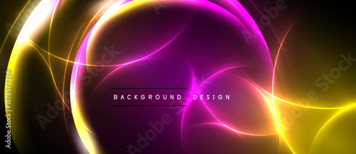 Abstract vibrant design. Glowing curves, purple, yellow hues create dynamic visual effect. Modern background perfect for presentations.