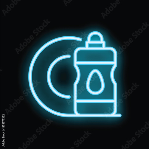 Bright blue neon icon depicting dishwashing liquid and a plate, symbolizing cleanliness and household chores