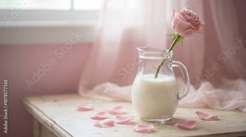 Romantic Still Life of a Pink Rose in a Milk Pitcher on a Rustic Wooden Table