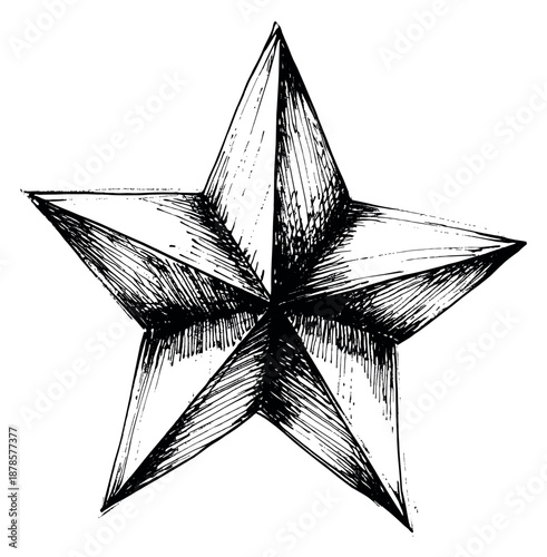 Hand drawn line art illustration of a five-pointed star depicting a dimensional shape for graphic design