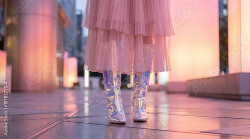 Fashionable Person in a Pink Tulle Skirt and Iridescent Holographic Boots in the City