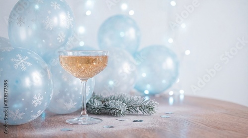 Festive Champagne Glass with Blue Snowflake Balloons and Frosted Pine Branch