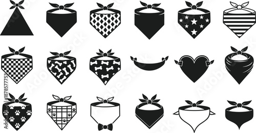 Collection of dog bandana silhouette icons featuring diverse patterns, stylish pet accessories, fashion designs, paw prints, hearts, and geometric styles