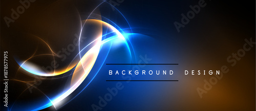 Abstract design features flowing lines, vibrant colors. Blue, orange hues create dynamic visual effect. Background suggests energy, movement.