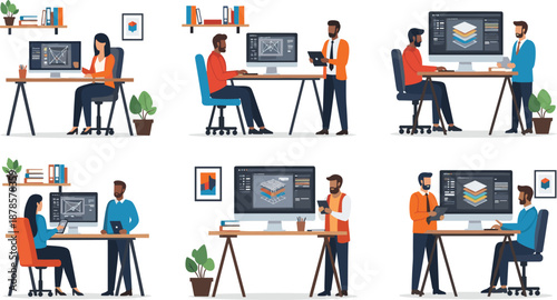 Modern Office Team Collaboration and Software Development Workflow with Designers and Developers Working on Computer Screens Vector Illustration