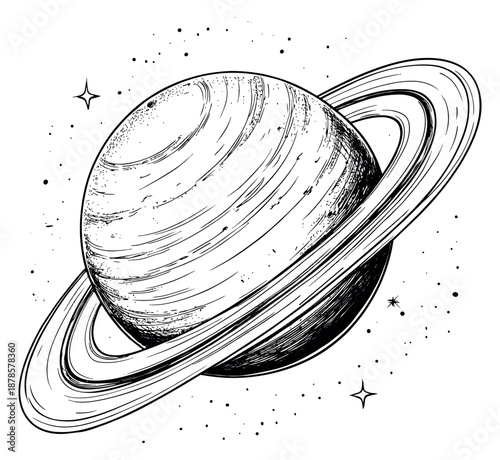 Hand drawn line art illustration of Saturn depicting its characteristic rings and distant stars for space and astronomy concepts