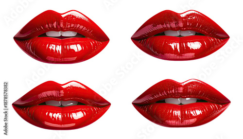 Glossy, vibrant red lips in four different expressions, isolated on a black background