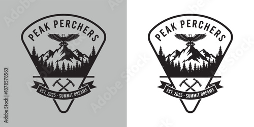 Peak Perchers Summit Dreams Emblem featuring Bald Eagle, Snow Capped Mountains, and Crossed Pickaxes