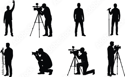 Black silhouette collection of people filming with cameras and speaking into microphones, representing media production, broadcasting, journalism, and communication role