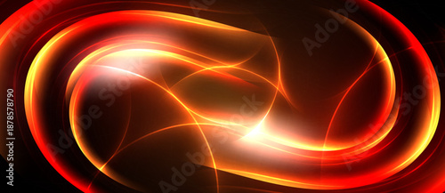 Abstract red energy swirls, luminous curves, bright center. Dark background emphasizes glowing forms, dynamic composition.