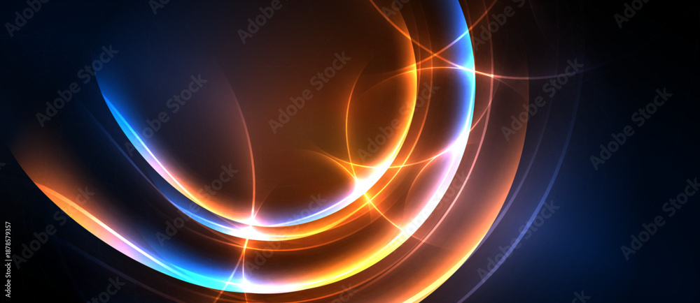 Fototapeta premium Abstract light streaks form curved shapes. Warm orange contrasts cool blue against dark background. Dynamic energy radiates.
