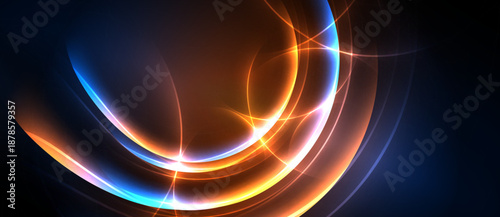 Abstract light streaks form curved shapes. Warm orange contrasts cool blue against dark background. Dynamic energy radiates.