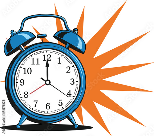 Alarm clock ringing illustration, vintage blue timepiece alert concept, wakeup reminder design, punctuality schedule management vector, isolated on white background