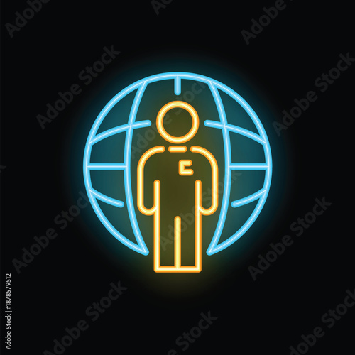Neon sign depicting a businessman standing in front of a world grid, symbolizing global business and international opportunities