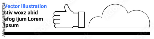 Positivity, approval, teamwork, cloud storage, graphic design, concept visualization. A thumbs-up symbol alongside a cloud illustration and placeholder text. Positivity and teamwork concepts