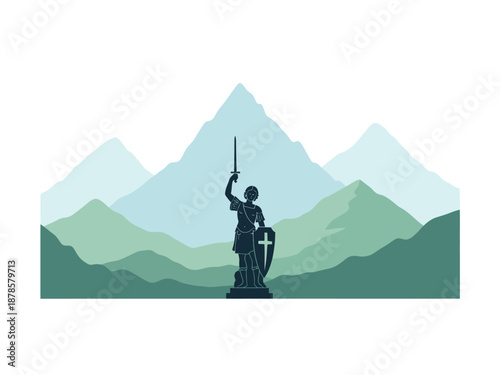 Silhouette statue of a warrior with a raised sword before layered mountains