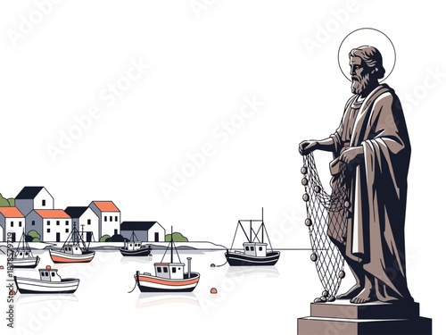 Saint Peter statue with fishing net overlooking a coastal village and harbor