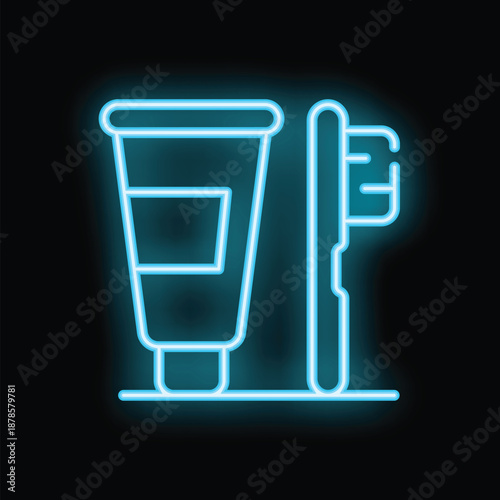 Neon glowing icon of toothpaste tube and toothbrush for dental hygiene procedure