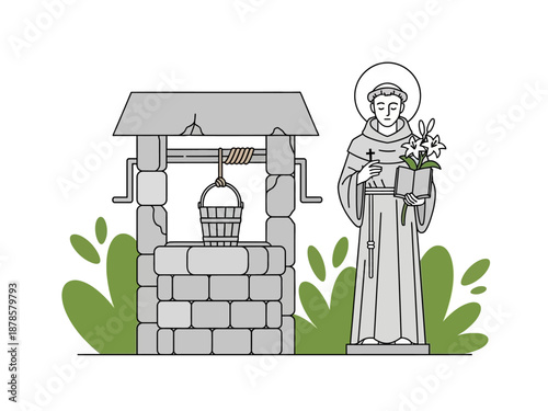 Stone well beside a religious statue holding a book and lilies