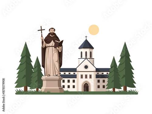 Stylized outdoor scene featuring a statue of a friar a church and evergreen trees under a sun