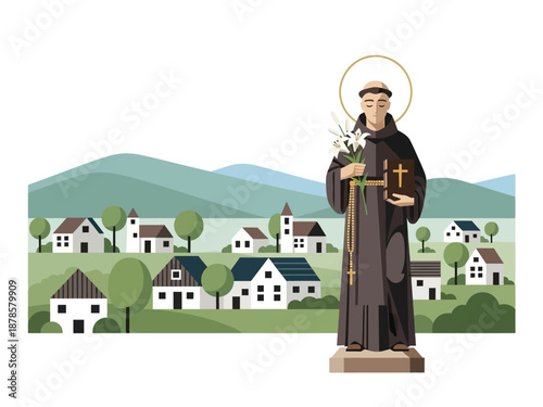 Stylized statue of a saint with lilies and a book before a village
