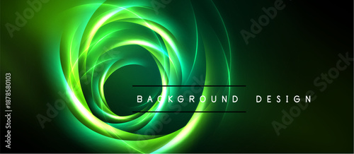 Bright green swirls radiate from center. Dark background creates dramatic visual effect. Modern design element.