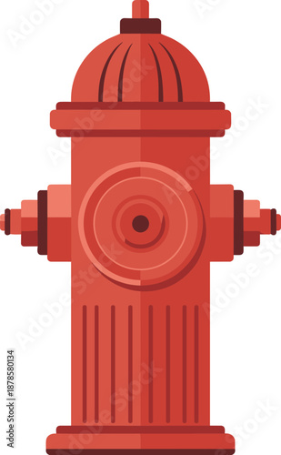 Red fire hydrant illustration, emergency water supply equipment, urban safety icon, street infrastructure, isolated on white background, vector design graphic