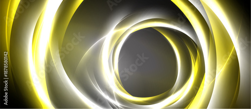 Abstract golden lines form concentric circles. Dark background creates dramatic visual effect. Brightness contrasts sharply, evoking energy.