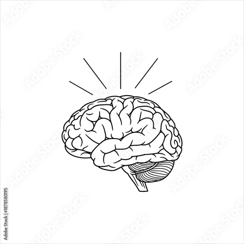 a black and white drawing of a brain with lines emanating from it