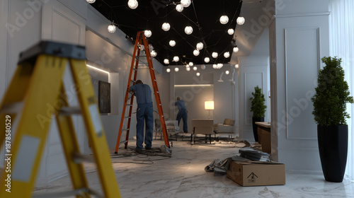 Modern lighting fixtures installation in a living room.