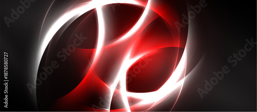 Abstract red, white design. Dynamic curves create energy, light contrasts against dark background. Modern, vibrant composition.