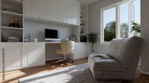 Contemporary home office setup with new furniture.