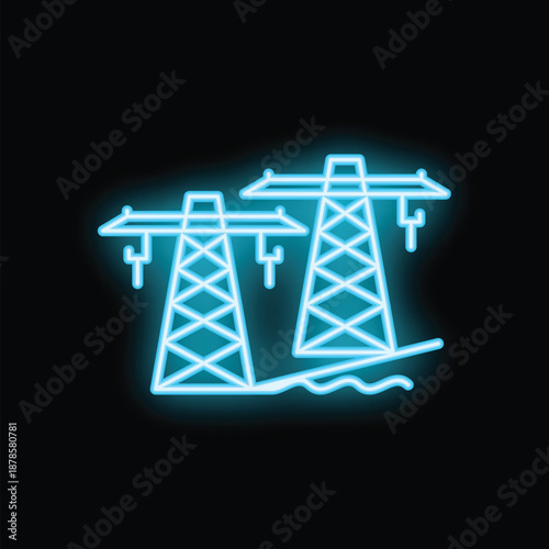 Blue neon sign showing two electric towers on black background, concept for power grid and energy supply